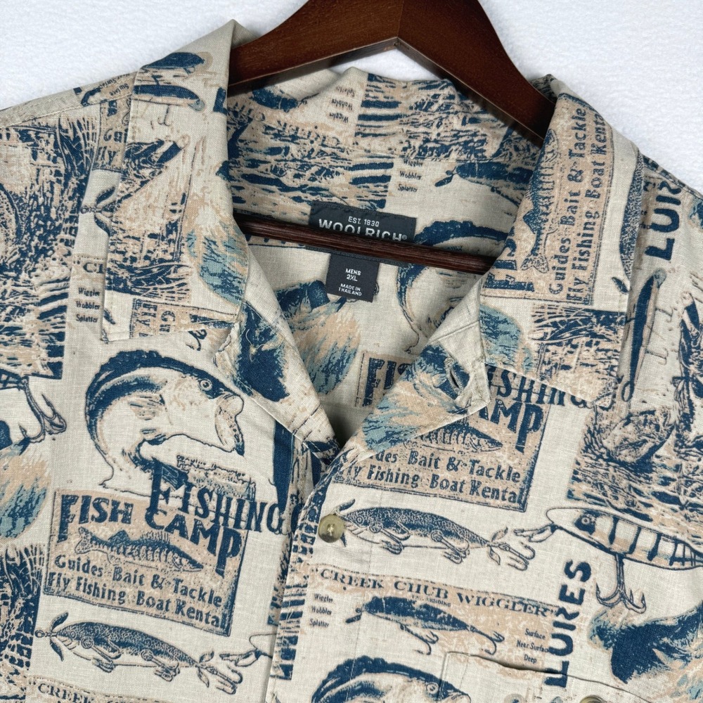 Woolrich Linen Camp Shirt Mens 2XL Beige Fish Lure AOP Button Up Short Sleeve